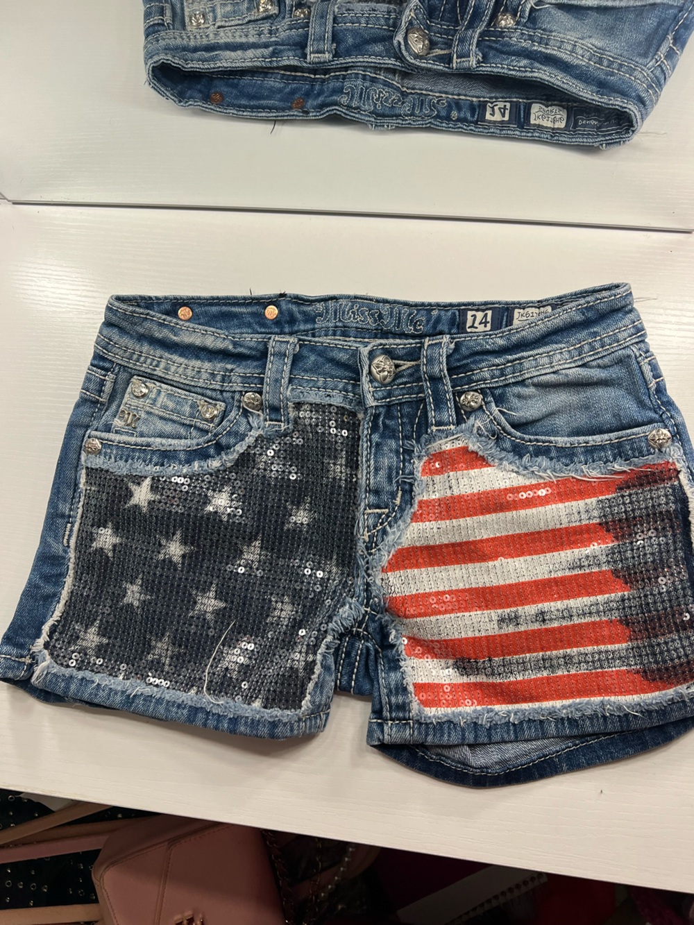 GIRLS size 14 Miss Me Blue Denim Sequin Flag Jean Shorts